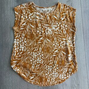 Christian Siriano Womens Mustard Beige Tropical 100% Linen Blouse‎ Top Size M